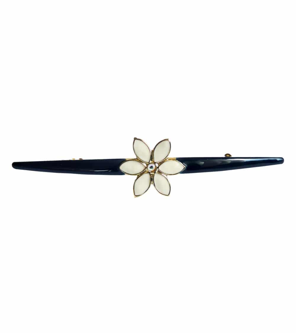 Barrette à cheveux en métal doré avec émail bleu marine agrémenté d'une fleur en émail ivoire et strass (longueur 12 cm)