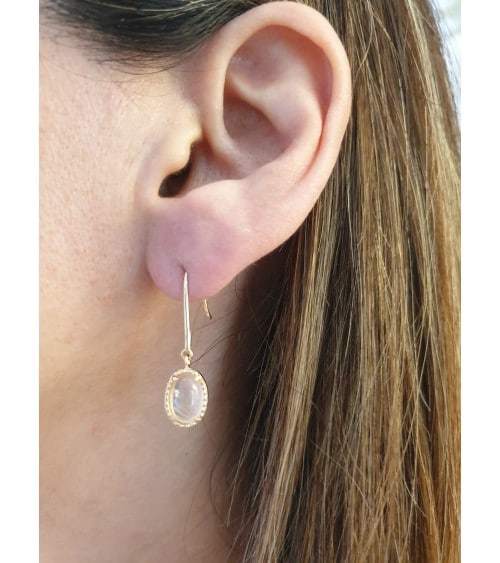 Boucles d'oreilles ovales en plaqué or et quartz rose, avec crochets