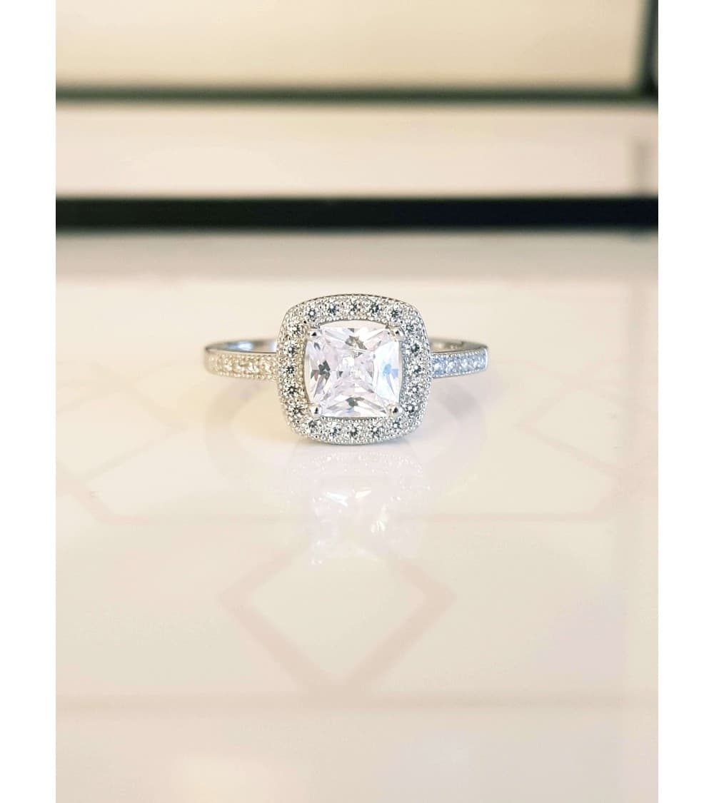 Bague En Argent 925 Sertie D'oxydes (pierres) - Forme Carrée - Taille 58 - Occasion