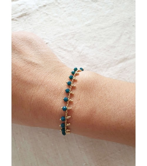 Bracelet en plaqué or avec pampilles en pierres bleu canard (longueur 17 cm + extension 3 cm)