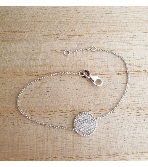Bracelet en argent 925/1000 rhodié avec pastille sertie d'oxydes de zirconium, longueur 18 cm réglable à 16 cm