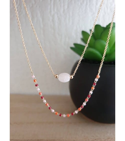 Collier double en plaqué or comportant une pierre quartz et des perles de Miyuki (longueur 45 cm réglable à 40,5 cm)