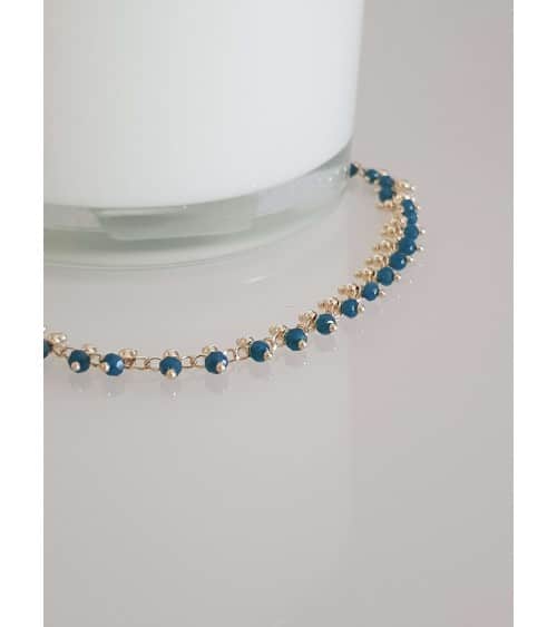 Collier en plaqué or à pampilles avec pierres bleu canard (longueur 43 cm + extension 5 cm)