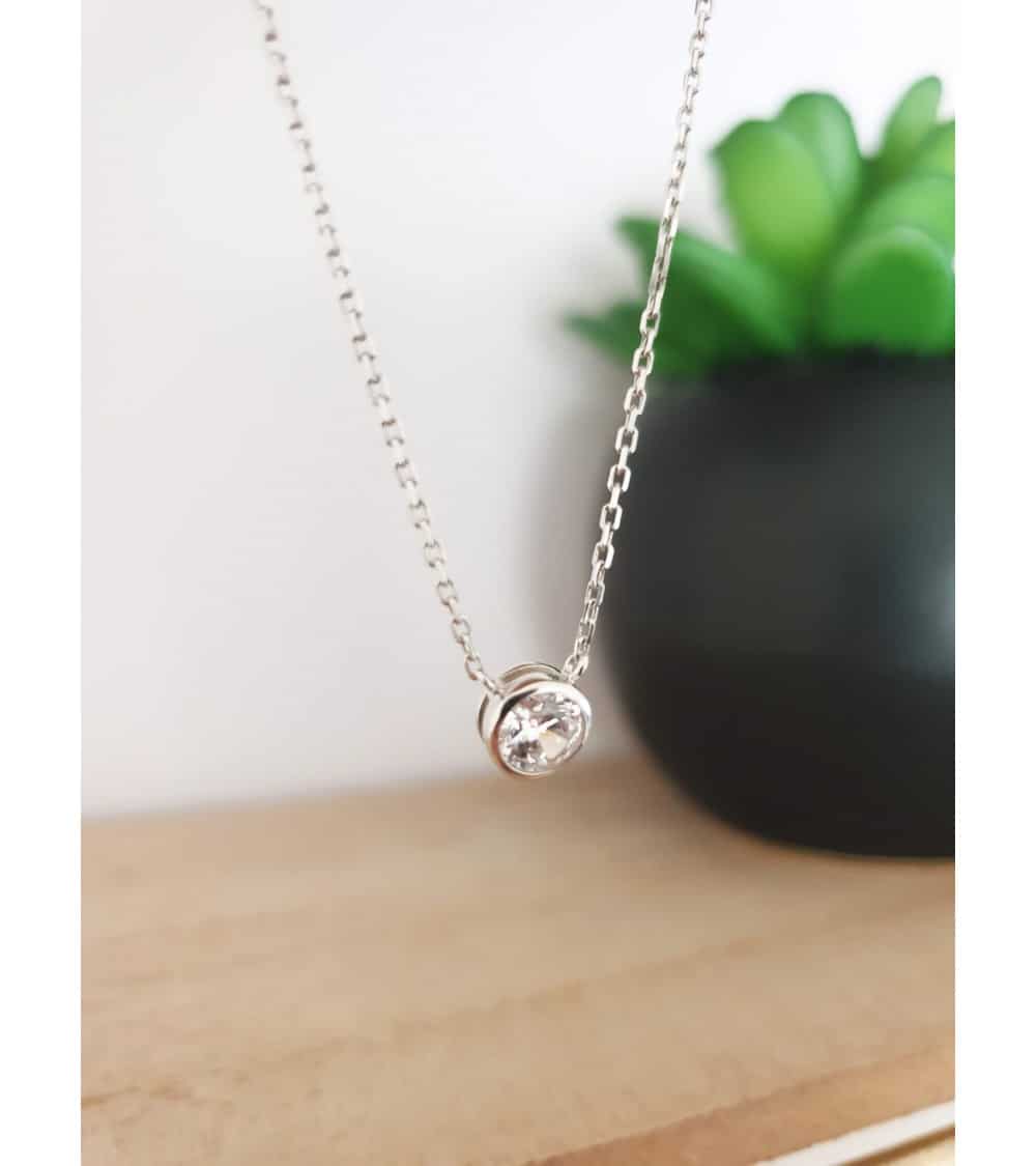 Collier ras du cou en argent 925/1000 rhodié avec 1 oxyde zirconium, en longueur 40 cm